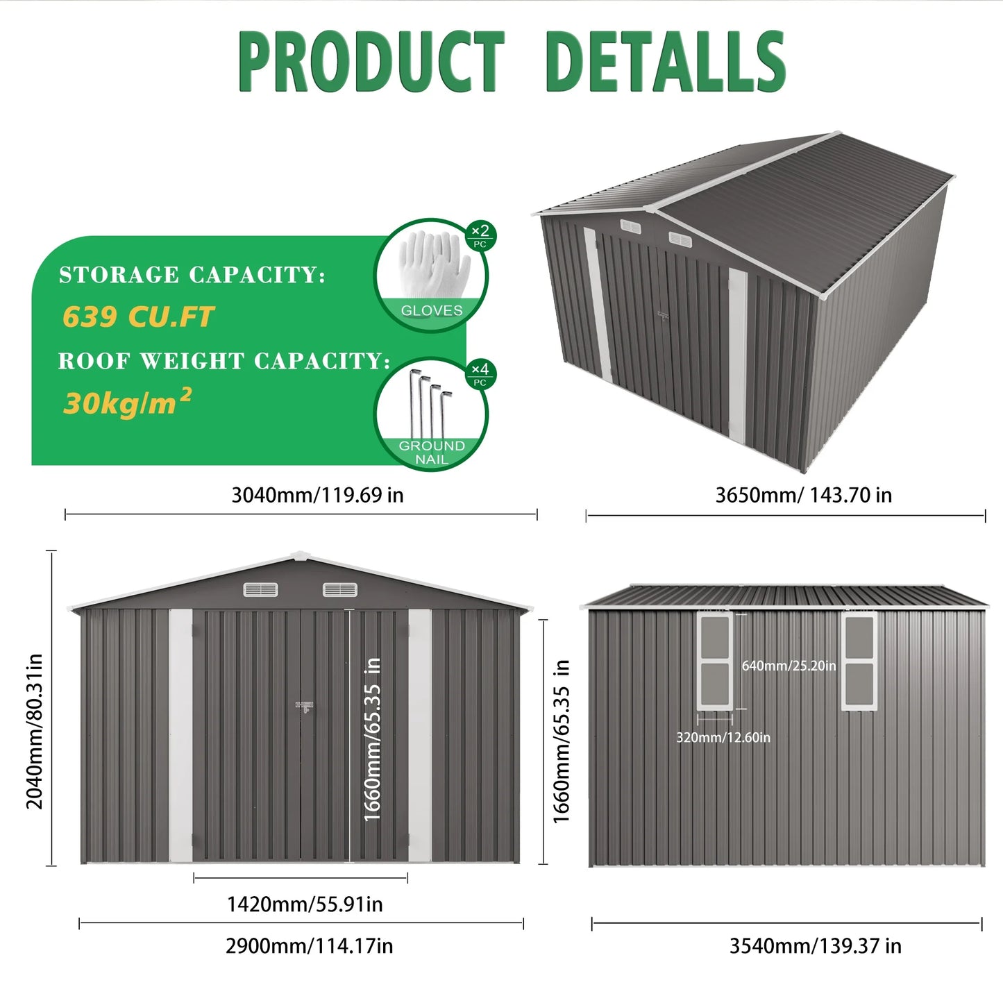 SUSUA Outdoor Metal Storage Shed With Double Door Waterproof