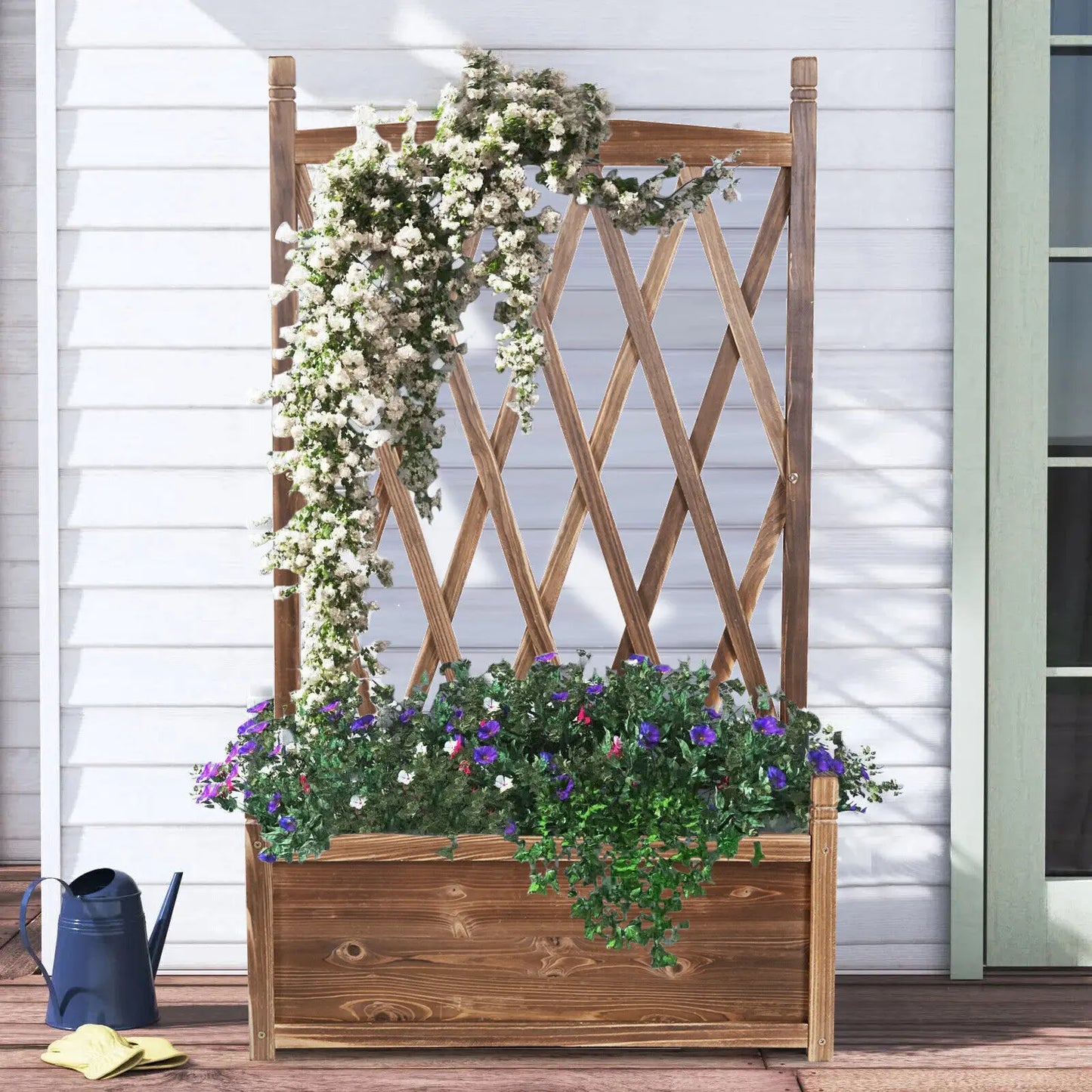 Raised Wooden Garden Bed Trellis Planter For Herbs And Flowers