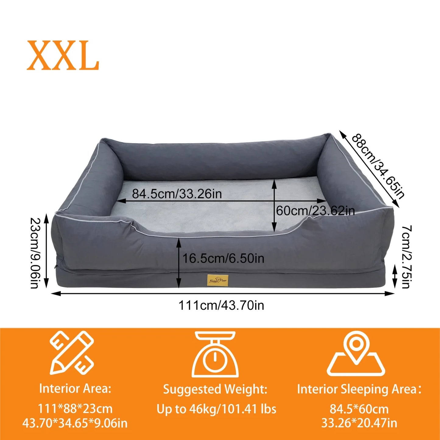 BINGOPAW Orthopedic Rectangular Dog Bed With Bolster Removable Cover