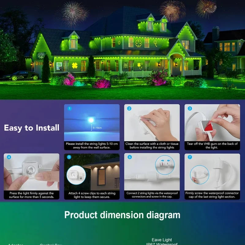 MIMIRGB RGB Eaves LED Outdoor String Lights With Bluetooth App