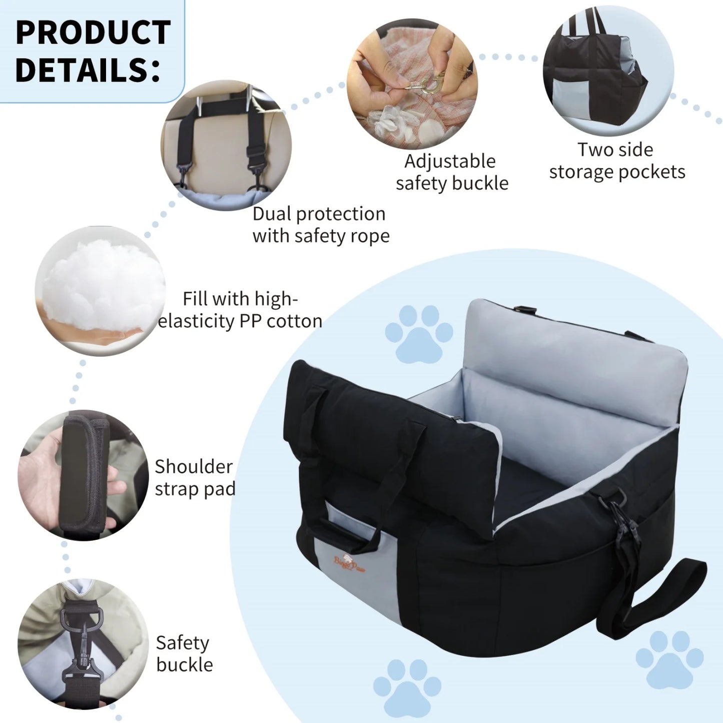 BINGOPAW Dog Car Seat Booster With Safety Belt Washable