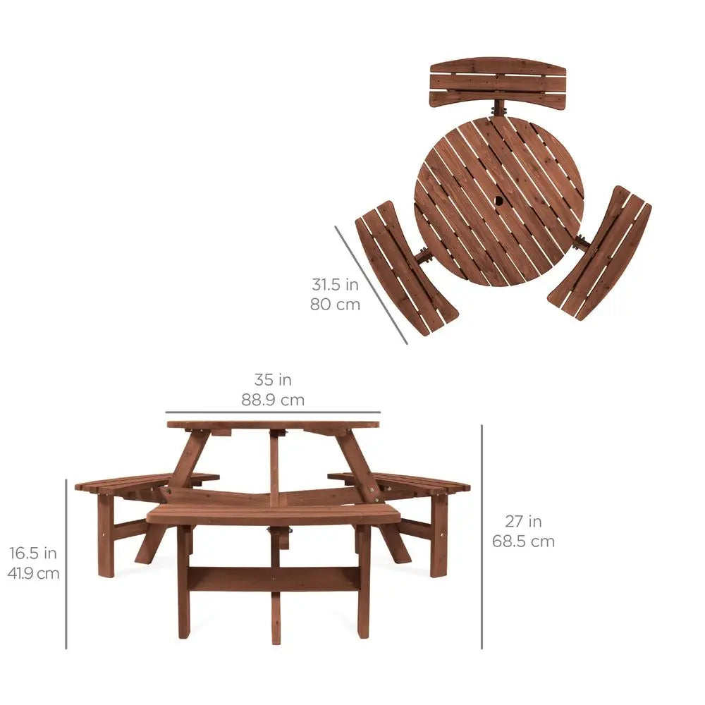 Circular Outdoor Wooden Picnic Table With Built In Benches