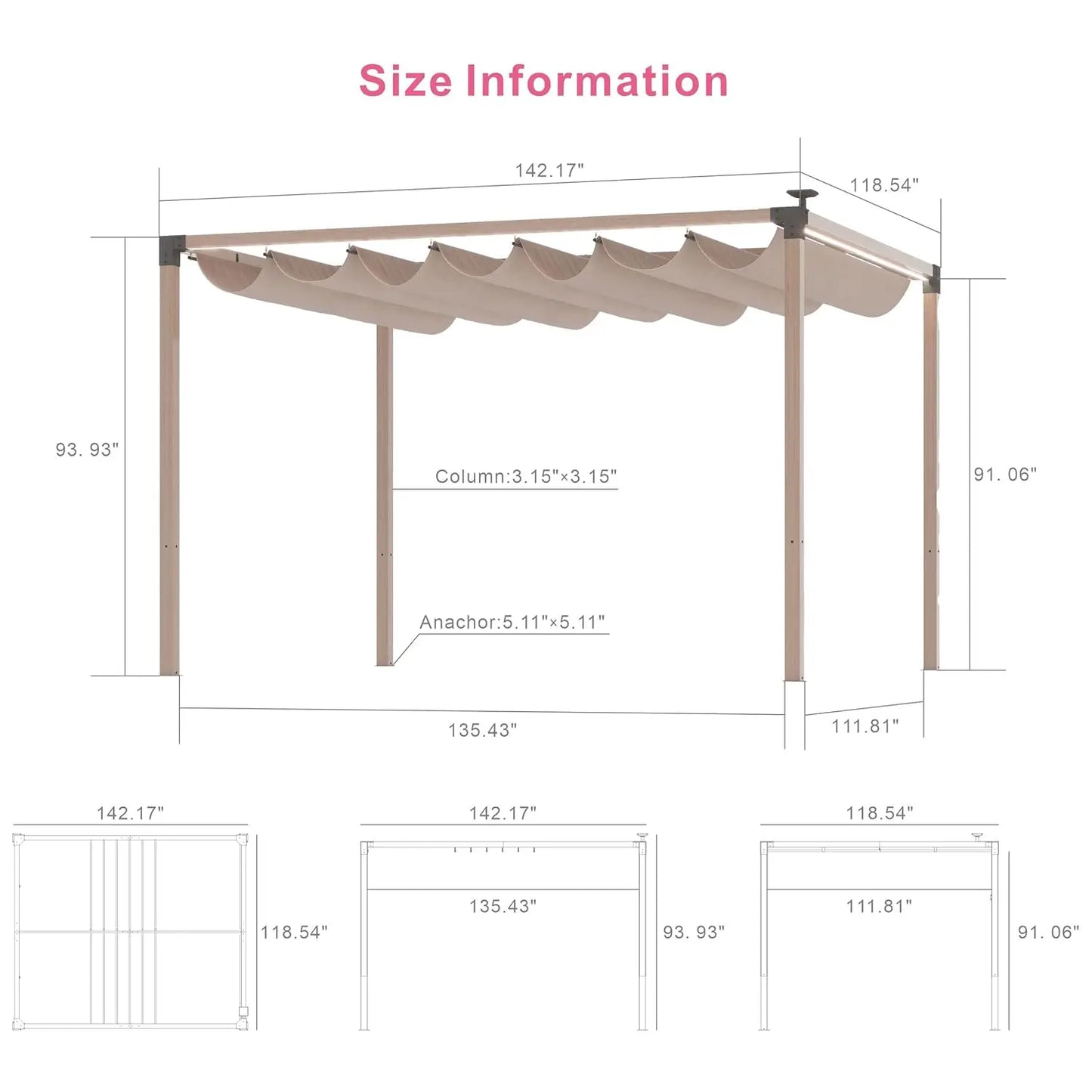 Retractable Pergola With LED Lights Aluminum Outdoor Canopy For Patio