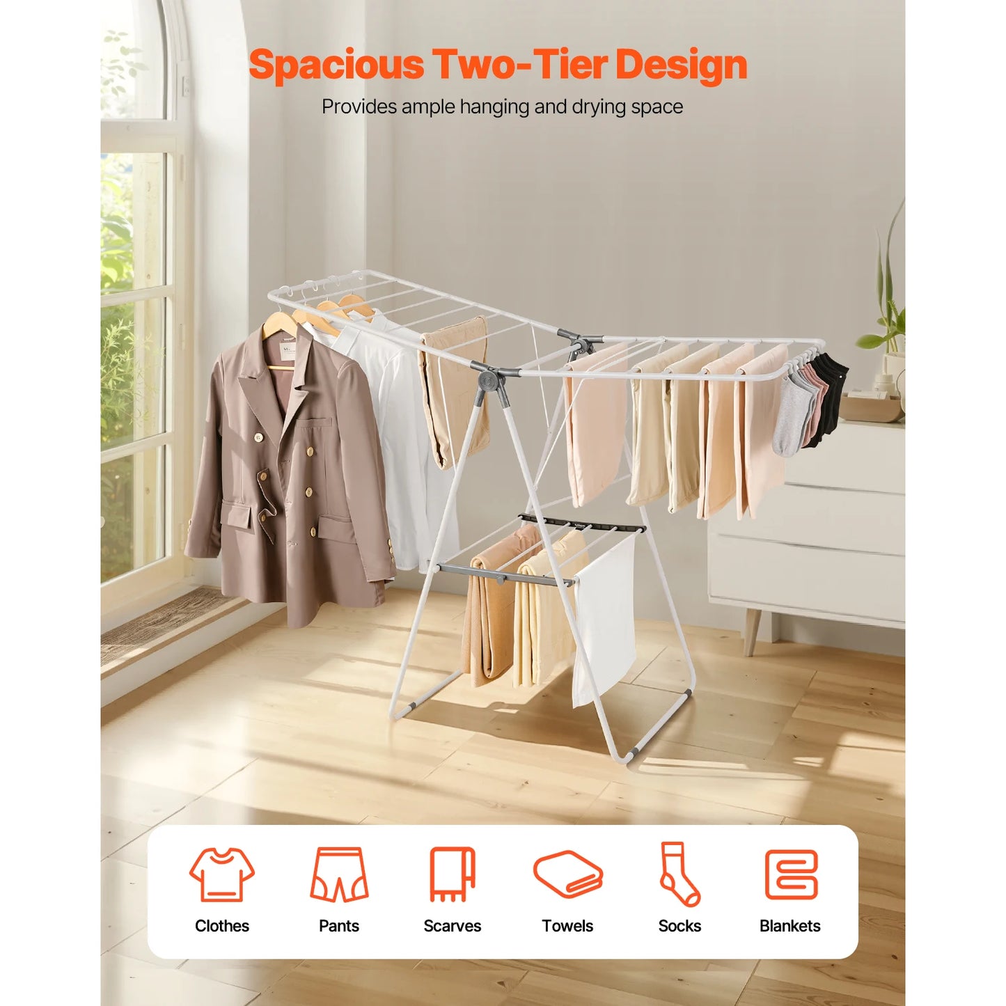 SucceBuy Foldable Clothes Drying Rack With Sock Clips Height Adjustable