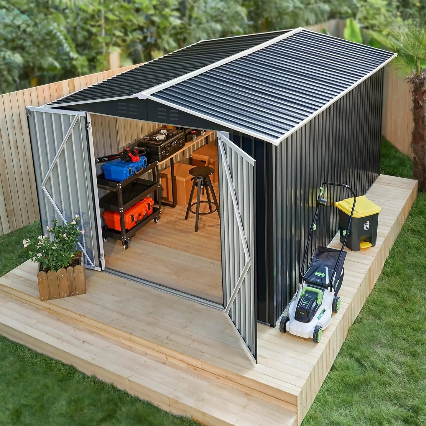 Outdoor Metal Storage Shed Waterproof With Reinforced Frame Backyard Use