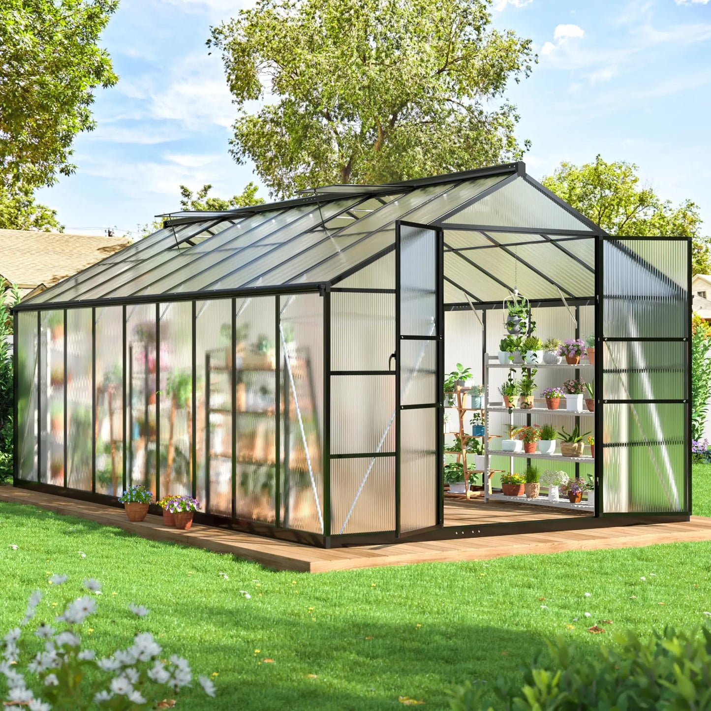 VIWAT Polycarbonate Greenhouse With Aluminum Frame And Vent Roof UV Protection