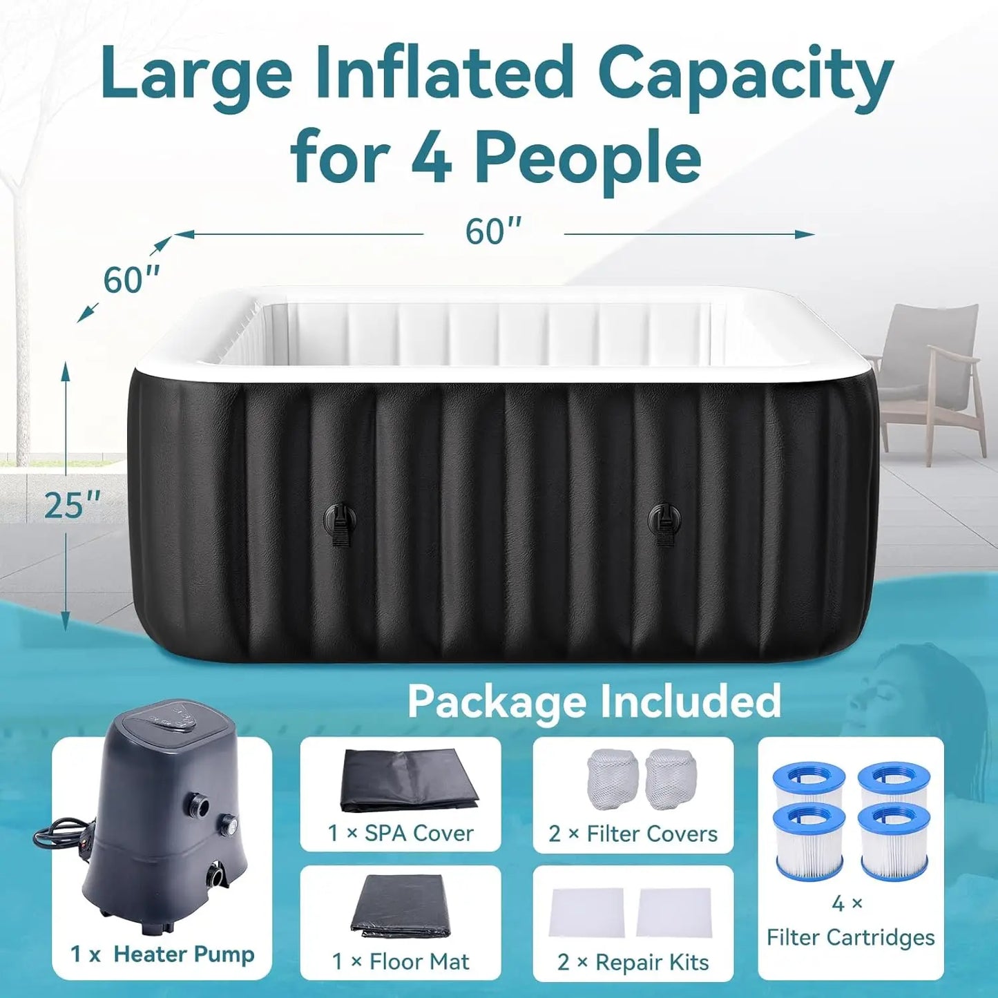 Inflatable Hot Tub Portable Square Spa With 120 Air Jets