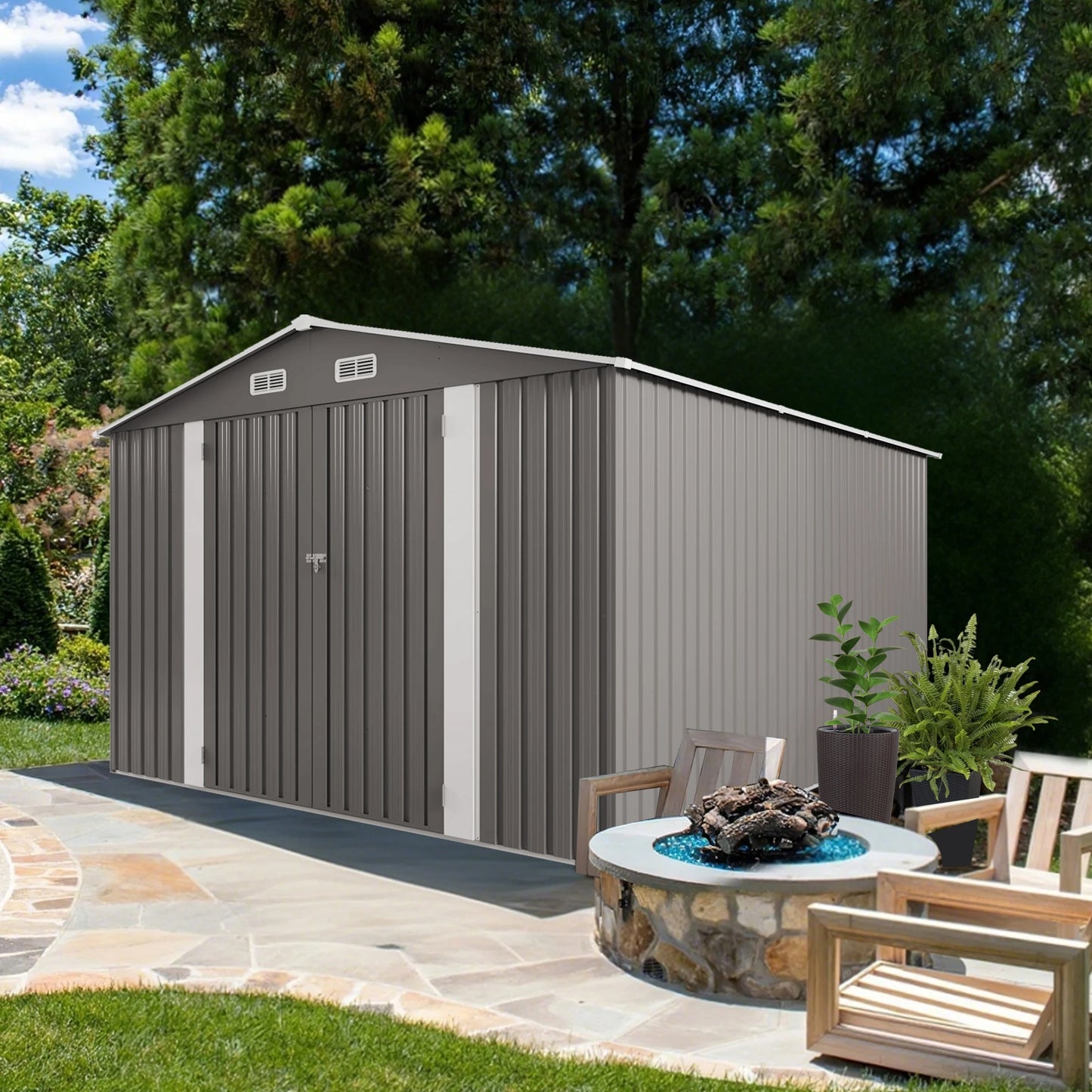 SUSUA Outdoor Metal Storage Shed With Double Door Waterproof