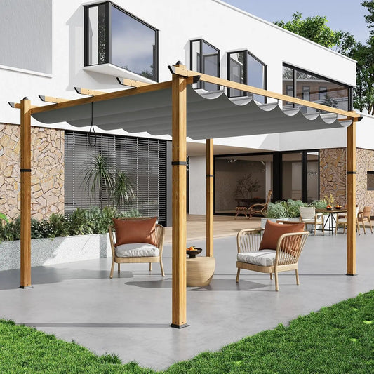 HiMISS Wood Grain Aluminum Pergola With Retractable Canopy UV Protection