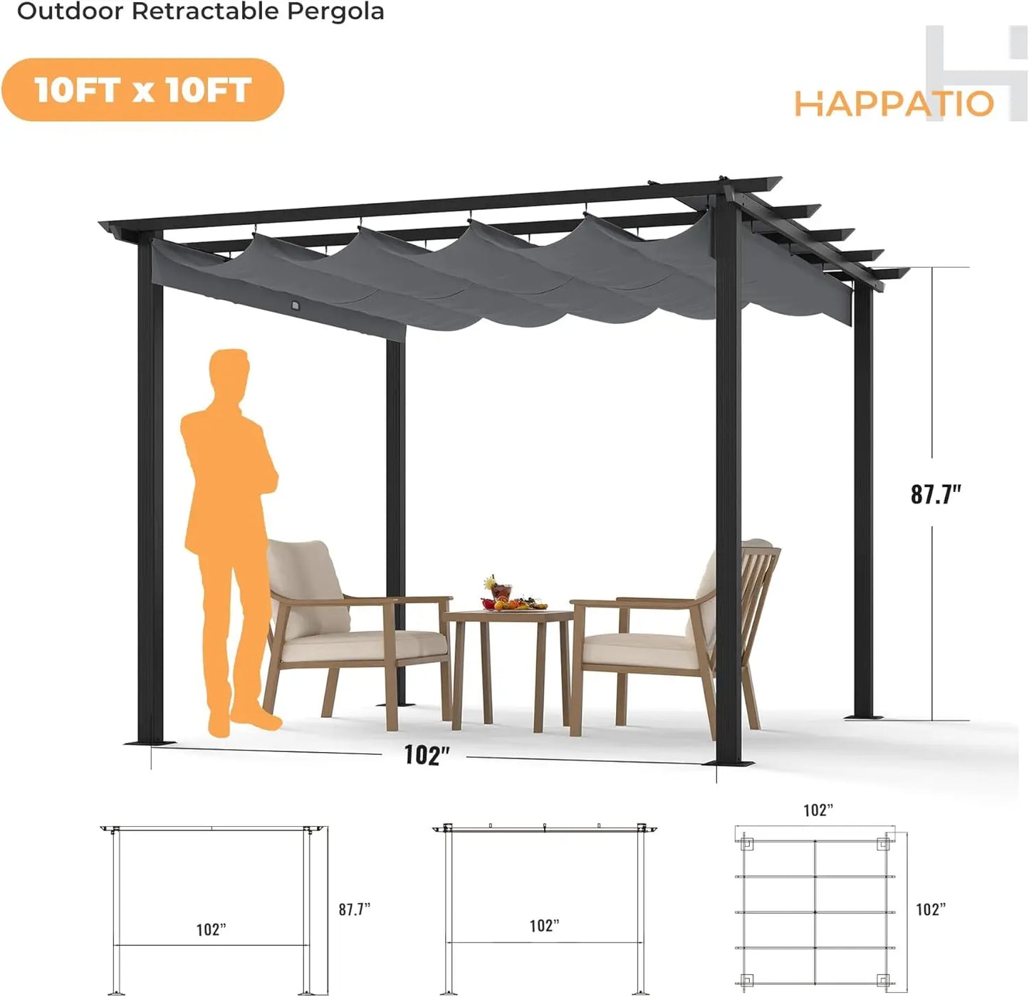 Retractable Pergola With Sun Shade Canopy Aluminum Frame Shelter For Backyard