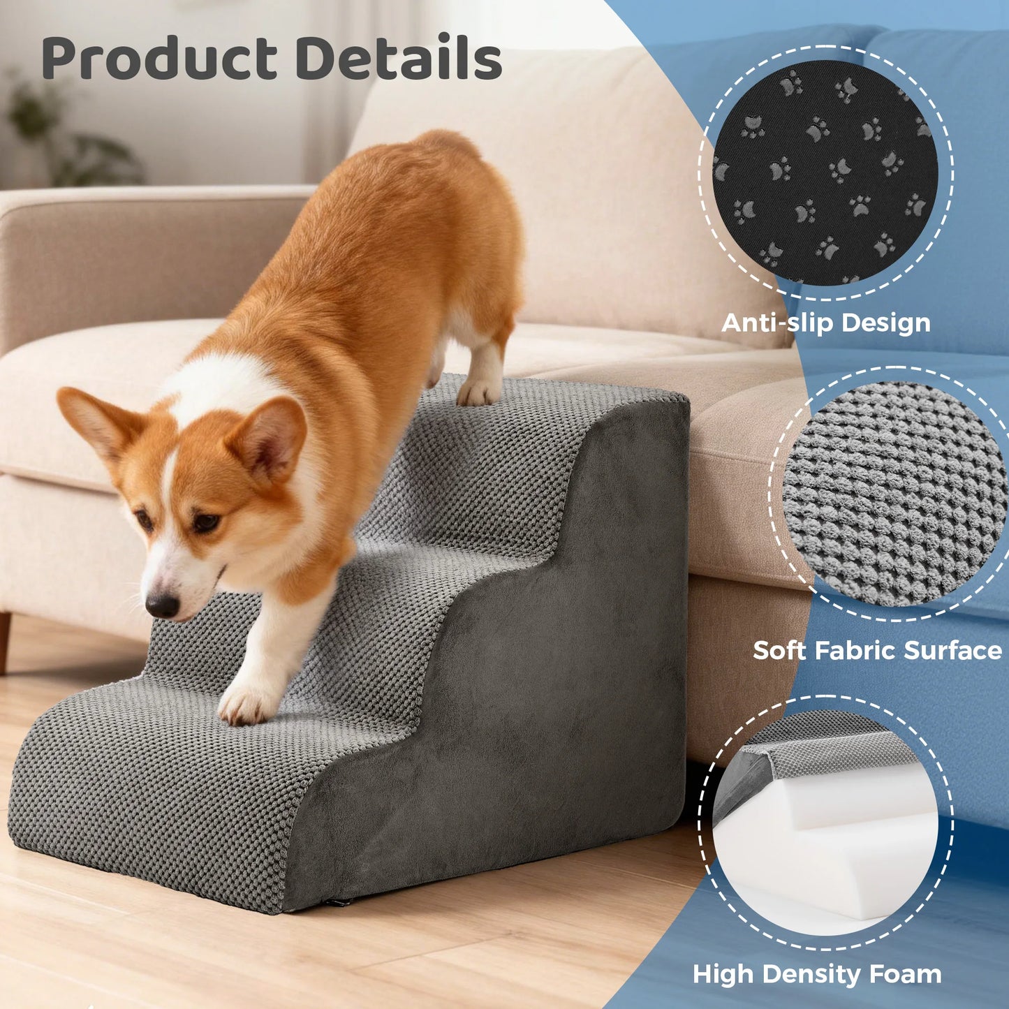3-5 Step High-Density Foam Dog Stairs Ramp For Indoor Use