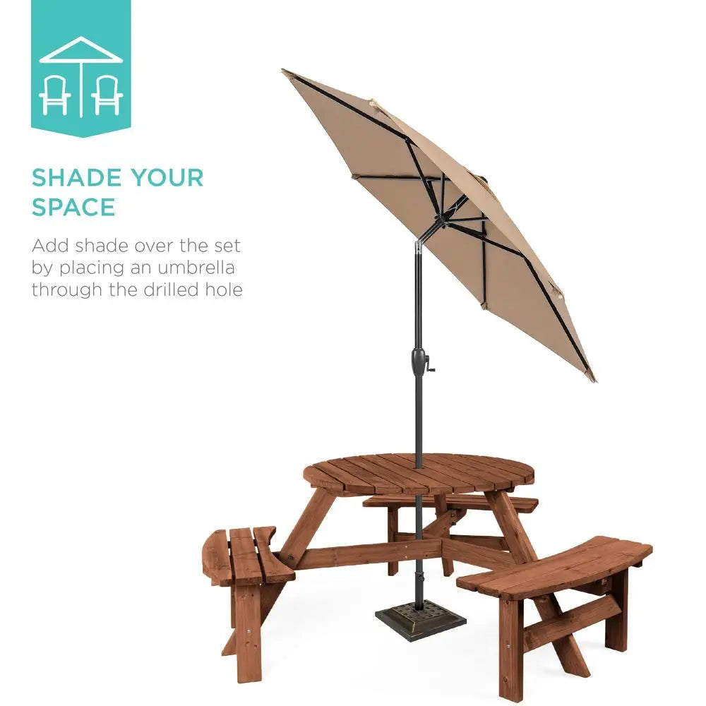 Circular Outdoor Wooden Picnic Table With Built In Benches