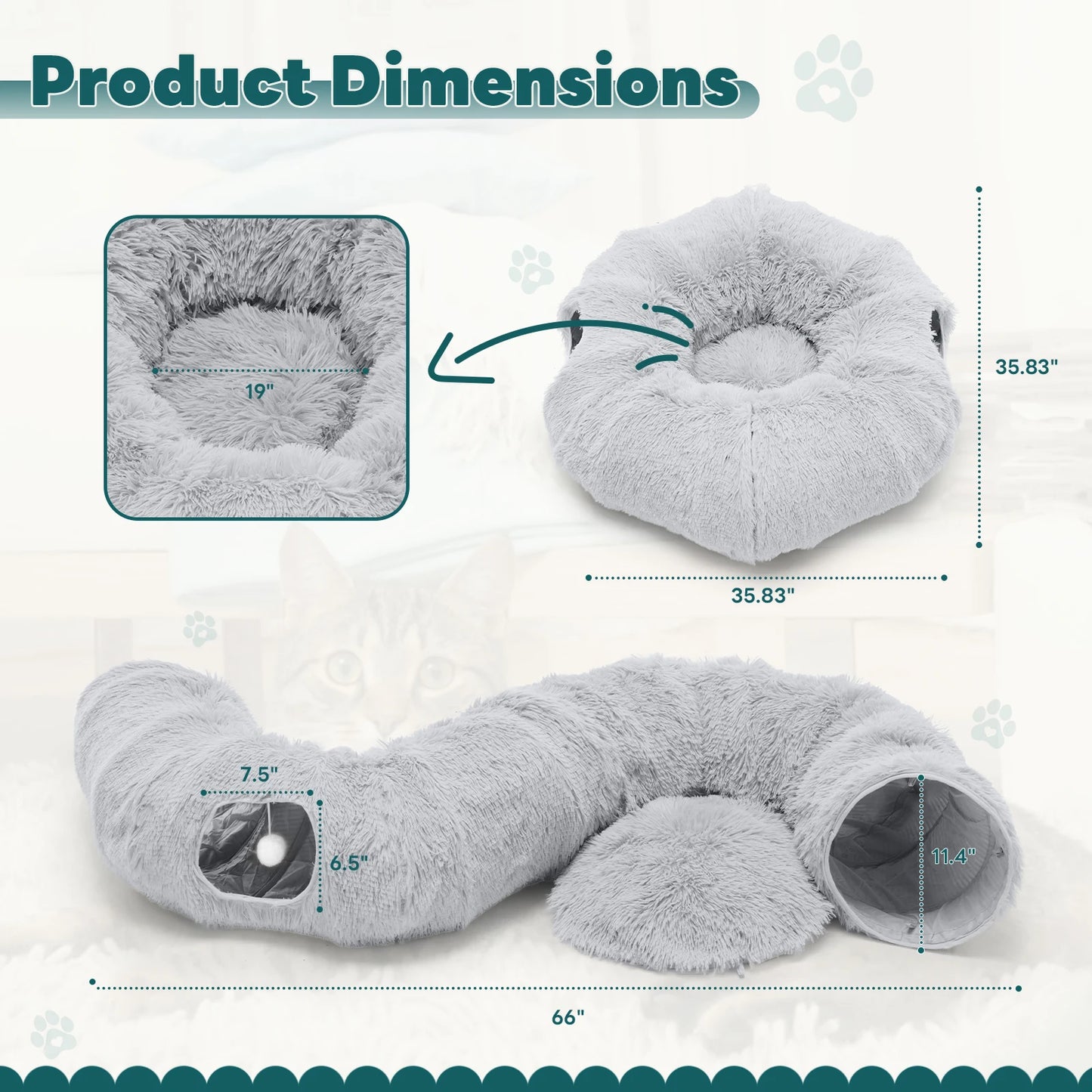 JHK Cat Tunnel Bed Indoor Playground With Soft Plush Washable