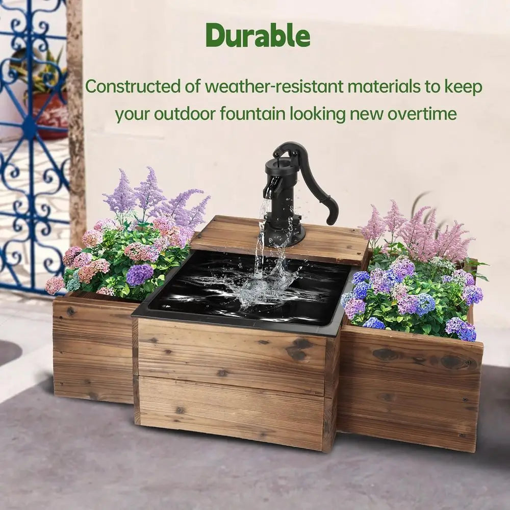 Outdoor Water Fountain With Flower Box Wooden Floor Pump