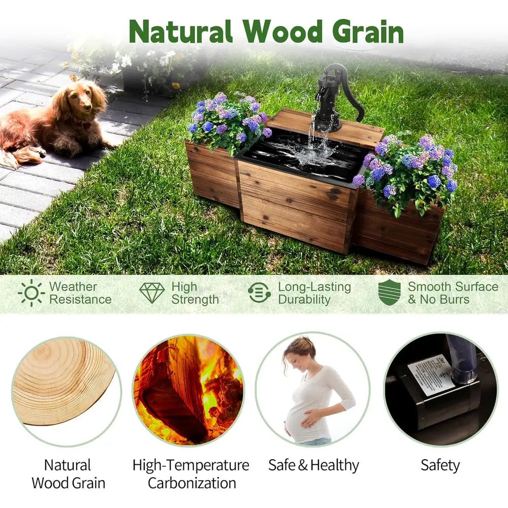 Outdoor Water Fountain With Flower Box Wooden Floor Pump