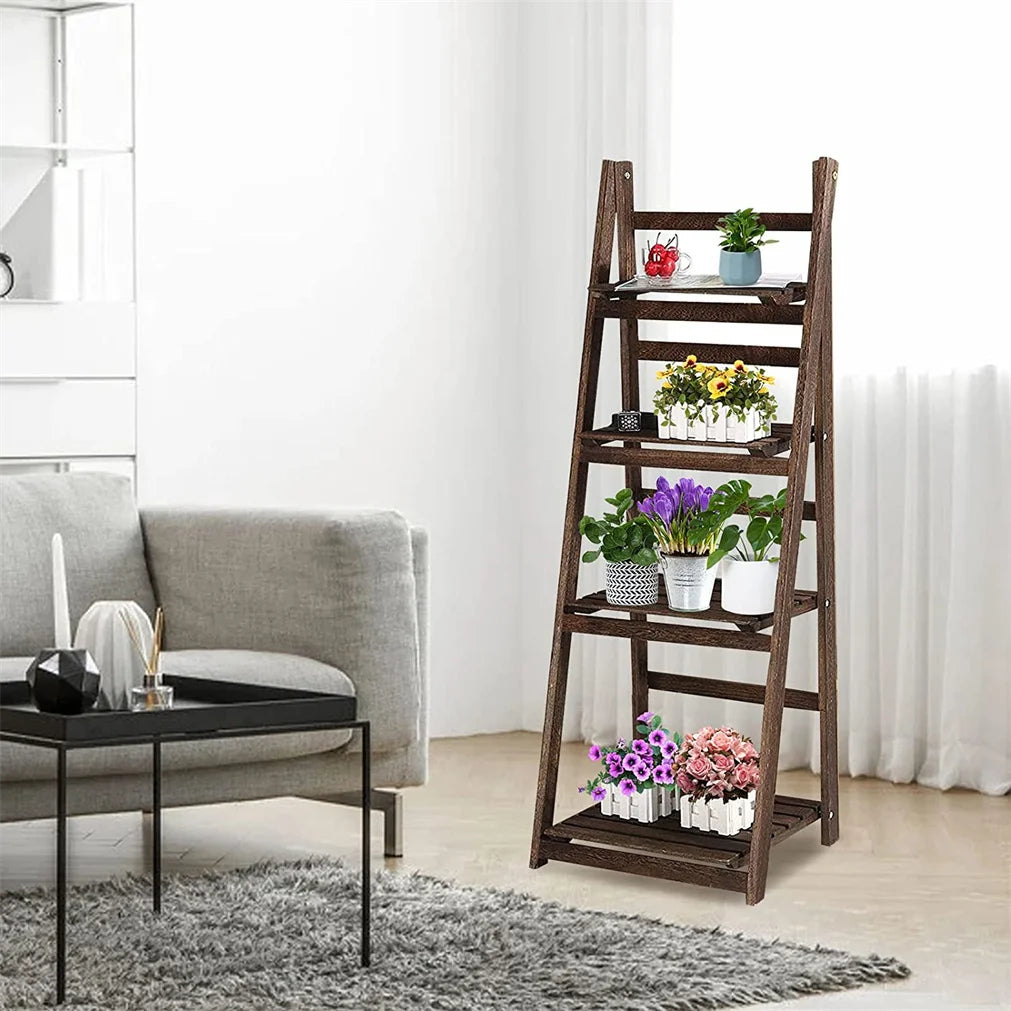 Folding Four Tier Ladder Shelf Wooden Storage Rack Plant Display Living Room