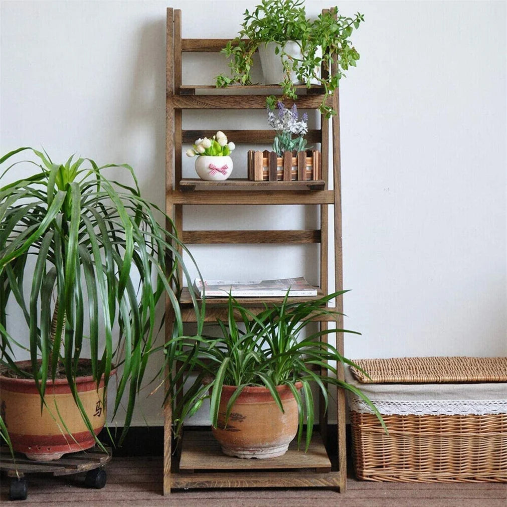 Folding Four Tier Ladder Shelf Wooden Storage Rack Plant Display Living Room