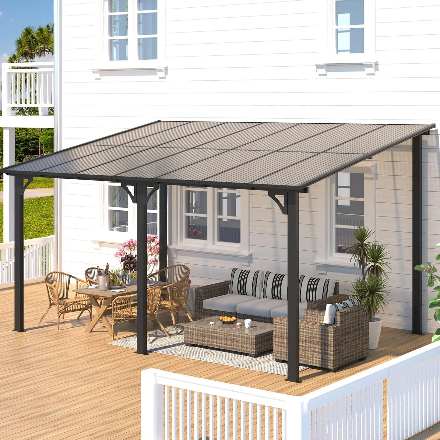 Hard Top Lean-To Gazebo Pergola With Wall-Mounted Roof